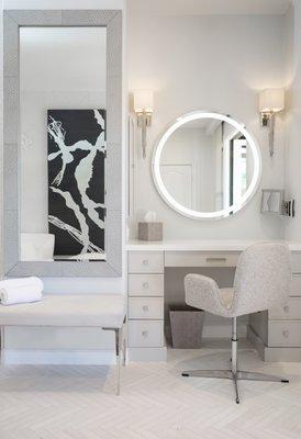 Glam Bathroom. Ombre Shower Wall. Herringbone Tile. Dura Supreme Custom Vanity.