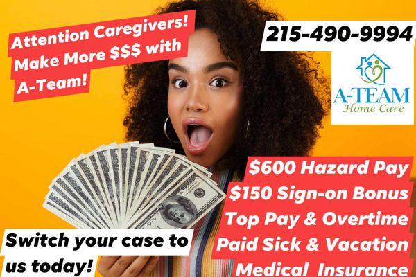 A-Team Home Care Offers Hazard Pay, Bonuses, Top Pay & Overtime, Paid Time Off