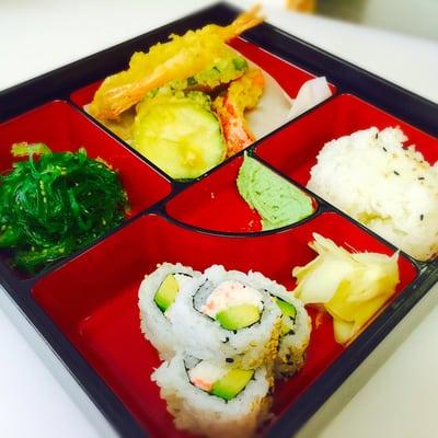 Tempura Bento Box with California Rolls and Seaweed Salad