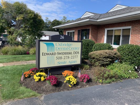 Flowers outside the Uxbridge Dental Center