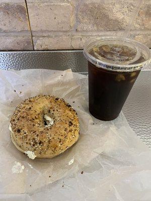 Everything bagel with cream cheese and cold brew