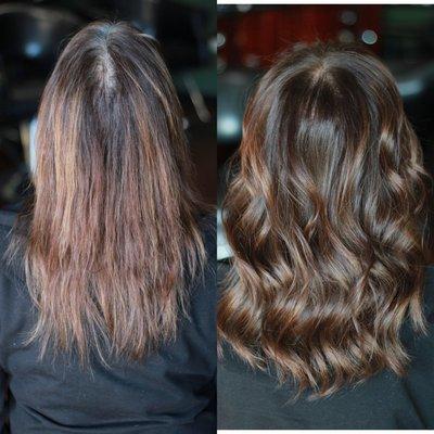 Before and After Brunette Color and Extensions