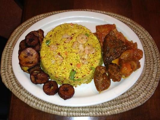 Delicious Shrimp fried rice & fried plantain served with assorted meat or fish.