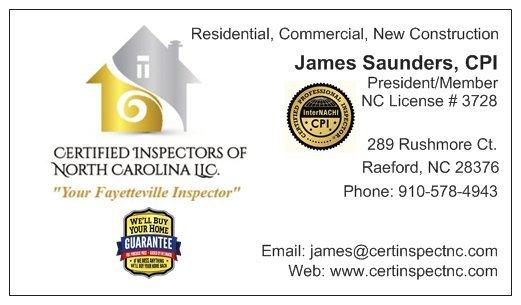 Call 910-578-4943 or schedule an Inspection online at www.certinspectnc.com