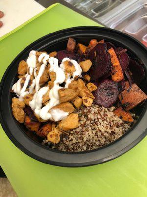 Create Your Own Bowl with roasted beets, sweet potatoes, and chicken.