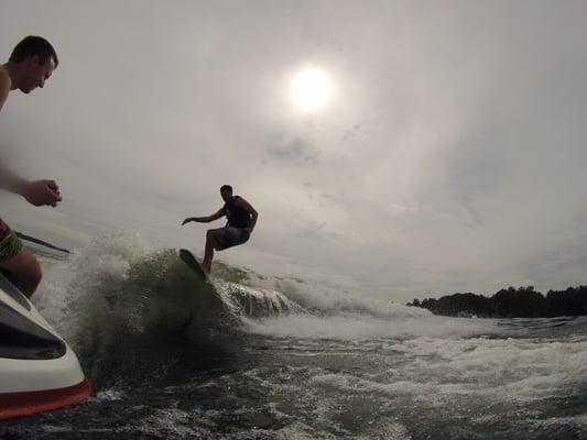 Huge wake on the new 2015 Centurion FS44!  The biggest, baddest wake surf wake ever created...