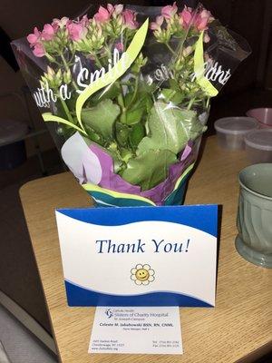 Flowers and thank you card from the head nurse and staff of the 4th floor - kindest gesture I have ever seen!