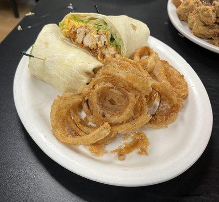 Buffalo Chicken Wrap w/Hand Breaded Onion Rings