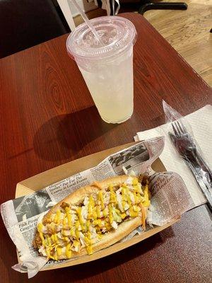 All-beef "everything" hotdog combo: chili, slaw, onions and mustard on soft roll. Plus lemonade--the cheapest meal I've had in a long time!