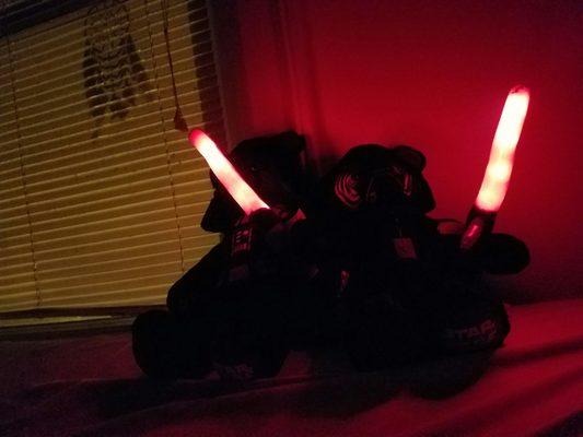 Vader Bear and Kylo Bear show off their light sabers