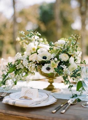 Victorianesque floral centerpiece for a lovely formal spring white wedding!