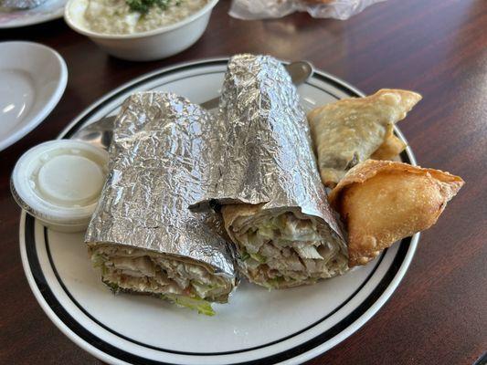 Chicken shawarma, baba ghanouj, beef samosa, and cheese samosa