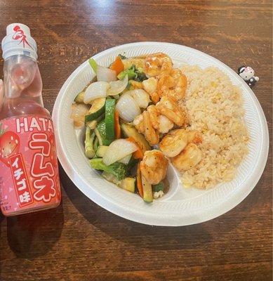 hibachi shrimp with a strawberry ramune!