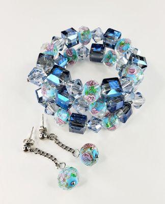 Aqua and Pink Flower Beads Stainless Steel Memory Wire Bracelet and Stainless Steel Chain Earring Set