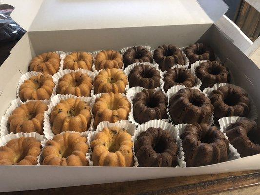 Left: chocolate chip mini bundts. Right: Double chocolate chip bundts