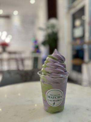 Ube and matcha soft serve ice cream