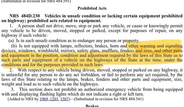 nevada law which states that any part or device that is required by law to be working order before driving the vehicle