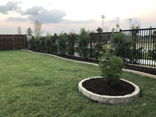 Retaining wall, trees and bushes