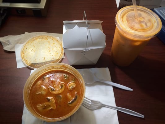 Tom Yum Goong soup, white rice and Thai ice tea.