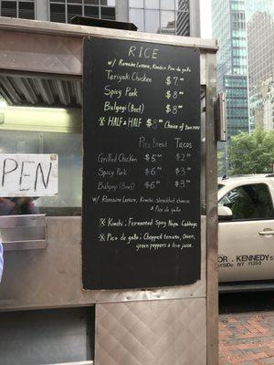 Menu as of Sept 2018