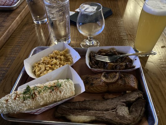 3 meat platter: Mexican Street Corn, smoked macncheese, burnt ends, smoked salmon, brisket