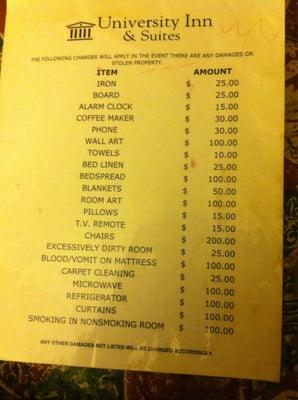 You know you're in a college town when the room comes with an itemized list of prices for damaged goods haha