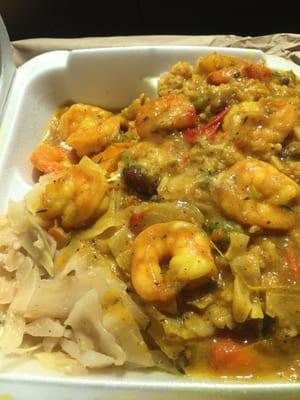 Curry Shrimp with rice and peas and cabbage