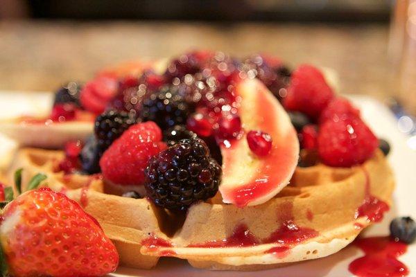 Belgian waffles topped with incredibly fresh fruit!