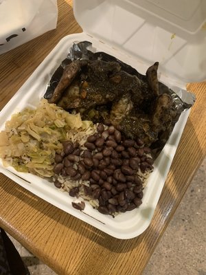 Jeck chicken with cabbage and rice with beans