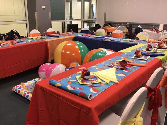 Party room decorated for a pool party theme