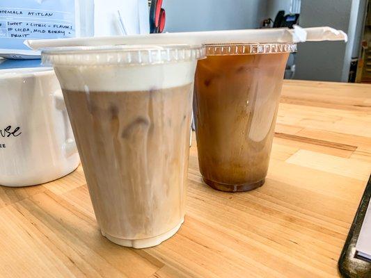 L: pumpkin cold brew, R: iced coffee with shot of vanilla