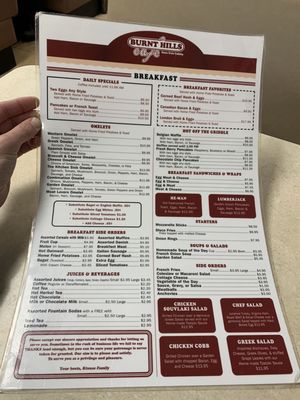 Burnt Hills Cafe, 'Specializing In Breakfast' menu