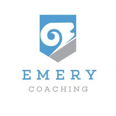 The Emery Coaching logo features a bold ram icon symbolizing strength and resilience, with a modern blue and grey color scheme representing