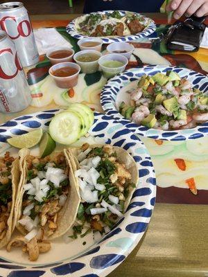 tacos de pollo, tostada con ceviche , y tacos de carne asada y barbacoa.