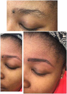 Top: pre-threading pic
Bottom left: post threading and shaping pic 
Bottom right: final result of threading tinting eyebrows.