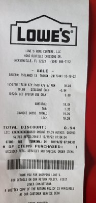 Receipt for FSBO sign at Lowes.