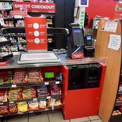 Circle K has self checkout now. You place your purchases on the checkout platform. It scans them and adds everything up. You can add gas.