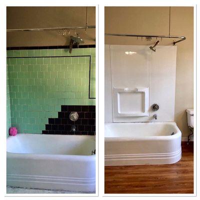 I removed the ceramic tile and installed a new tub surround and vinyl interlocking flooring to make a huge change in this old rental.