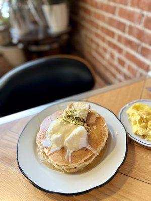 Baklava pancakes with a side of scrambled eggs.