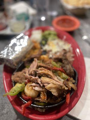 Mixed fajitas- carnitas, asada, shrimp.