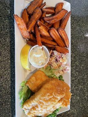 The "Small" fish and chips. Hearty with sweet potato fries and homemade coleslaw.