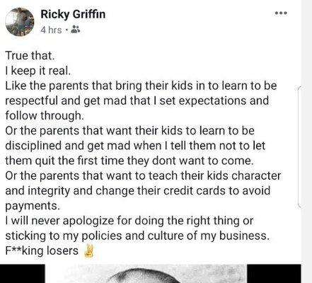 Hey parents you too can be f*cking loser! This is how the owner views you when you don't agree with him and/or choose to leave!