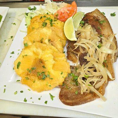 Fried pork chop with Breadfruit Tostones