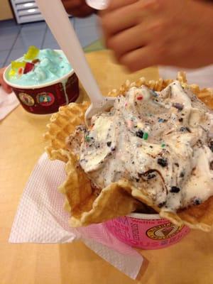 Waffle cup, cake batter ice cream, sprinkles, brownies and fudge