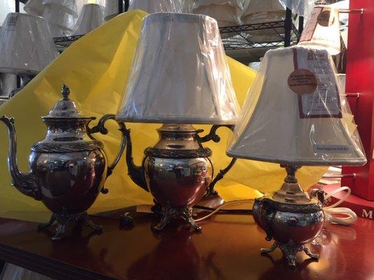 We made an antique coffee service into small lamps for a customer.