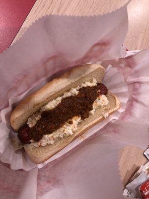 Hotdog with slaw and chili