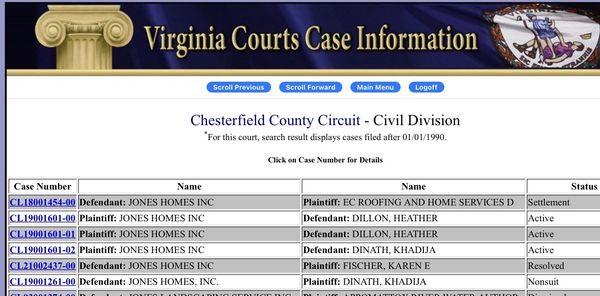 Screenshot of court cases