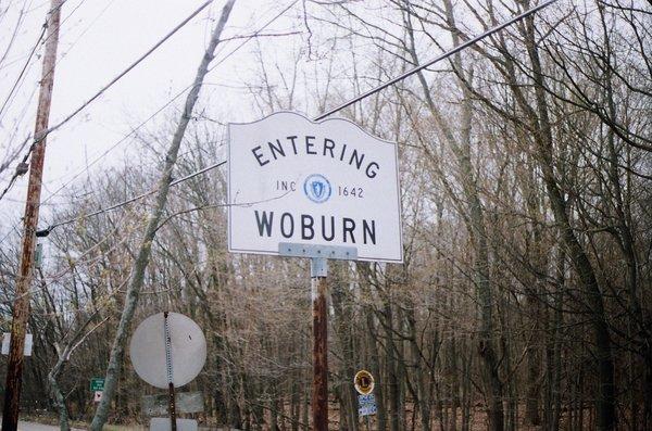 Woburn entering sign from Burlington.