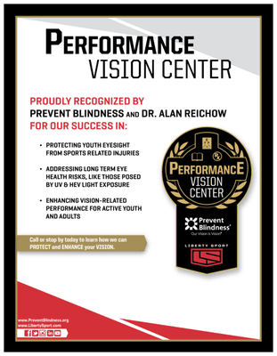 We are very proud to have been recognized with the Performance Vision Center Award. Courtesy of Liberty Sport and Prevent Blindness