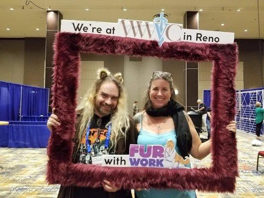 Practice manager Carl and Dr. Simko clowning about at Wild West Veterinary Conference.